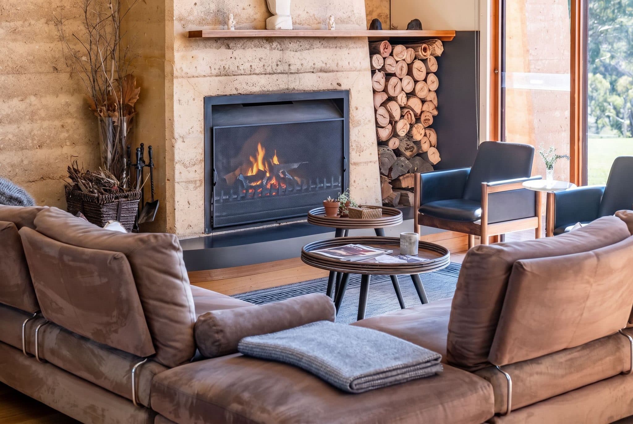 Lounge with open fire, rammed earth walls and stacked firewood